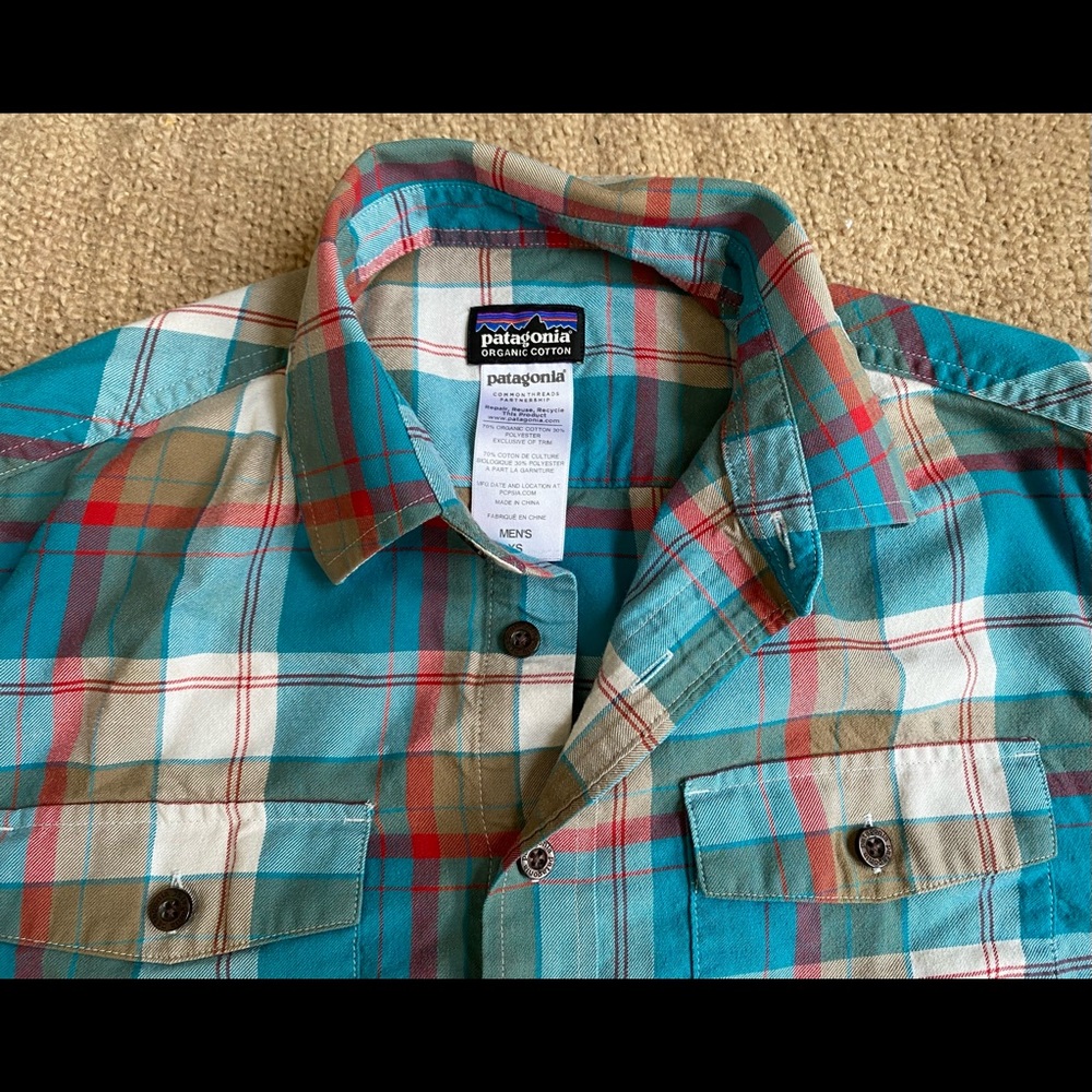 Mens XS PATAGONIA Collared Orange Blue Plaid ORGANIC Cotton Shirt Like NEW Cond